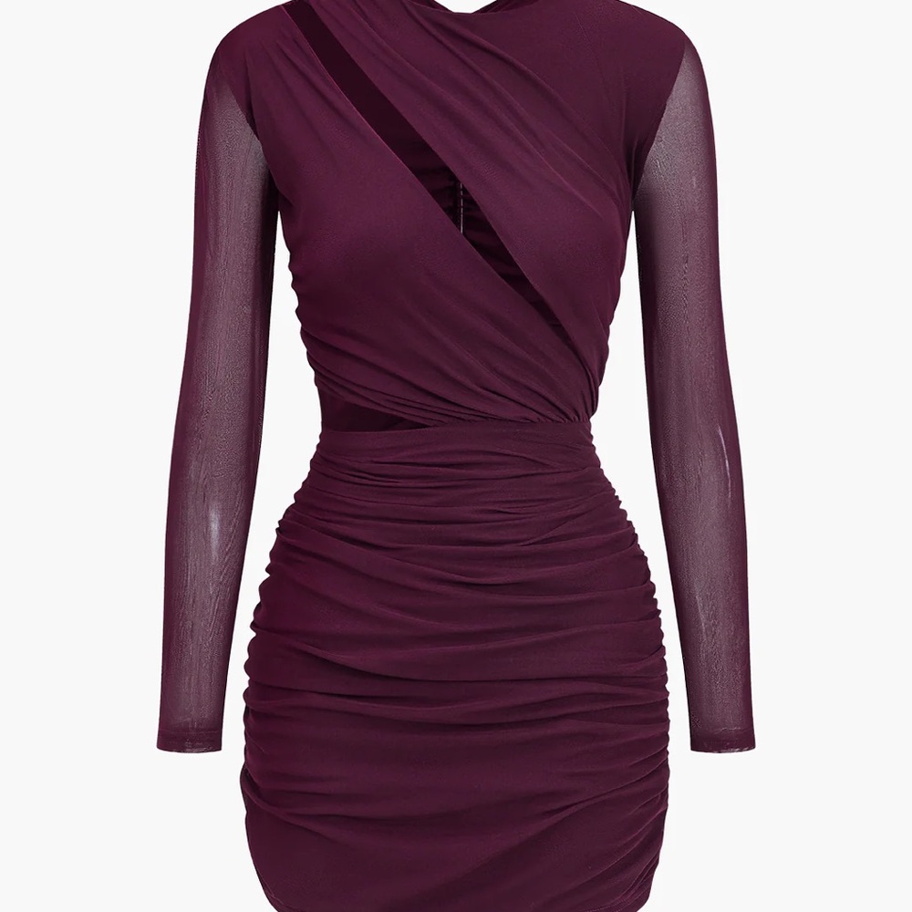 Red Asymmetrical Ruched Long Sleeve Cocktail Dress